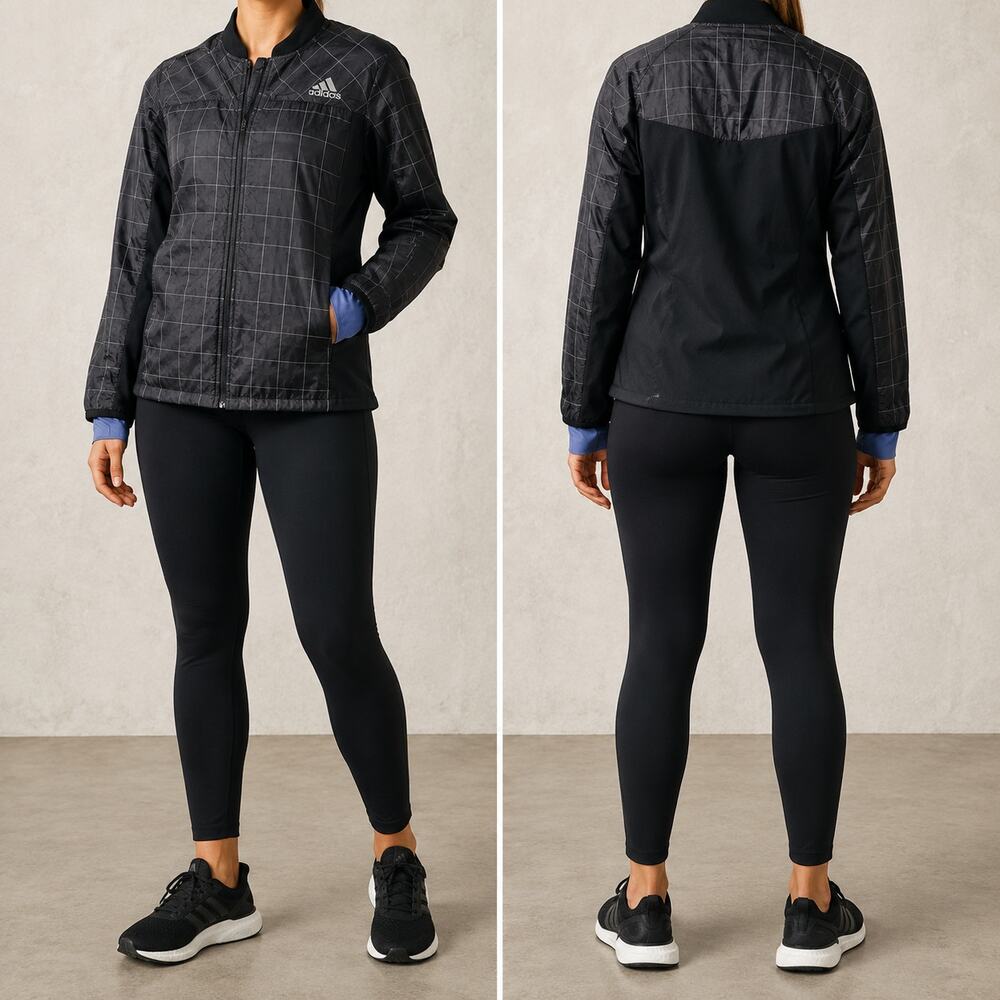 Retro '13 Adidas Womens Medium Black Grid Print Full Zip Running Training Jacket